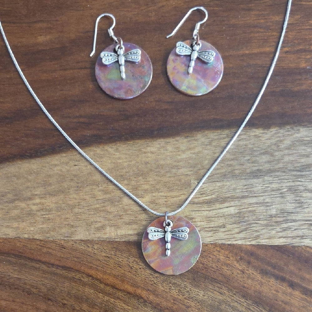 Flame Painted Dragonfly Necklace and Earring Set on a 20" chain